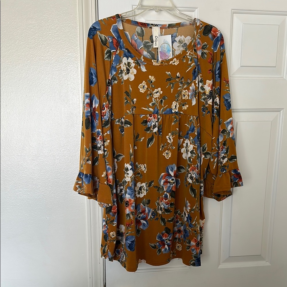 Floral Mustard Top with Bell Sleeves